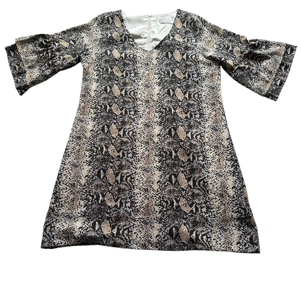 Womens Mini Dress Size 10 Beige Black Animal Print Snake Retro Ruffle Going Out